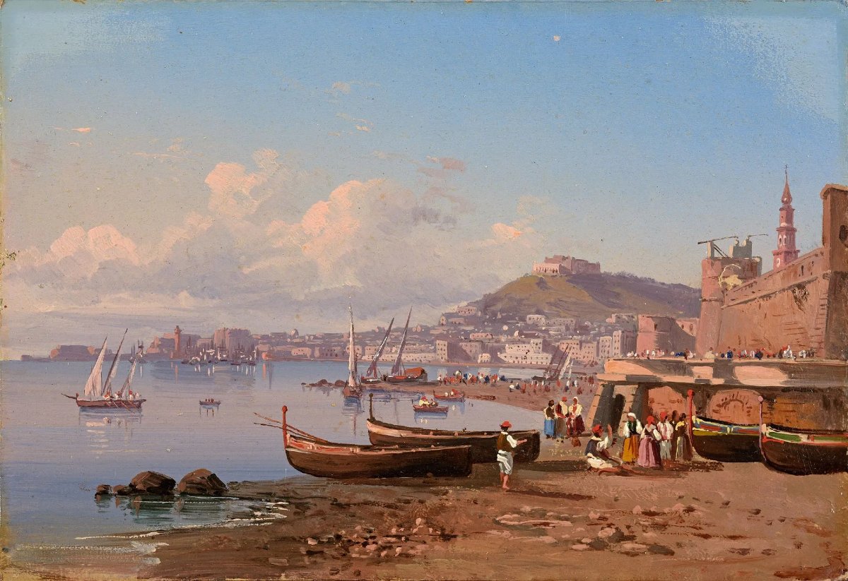 Coppia di dipinti antichi – Vedute di Napoli, Italia, XIX secolo
