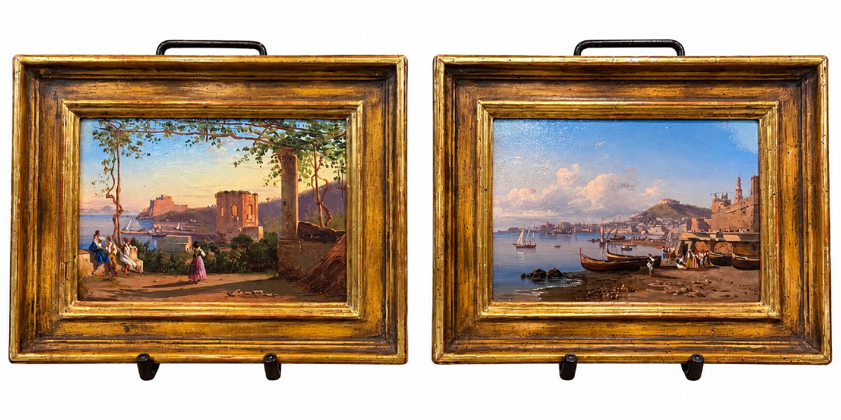 Coppia di dipinti antichi – Vedute di Napoli, Italia, XIX secolo