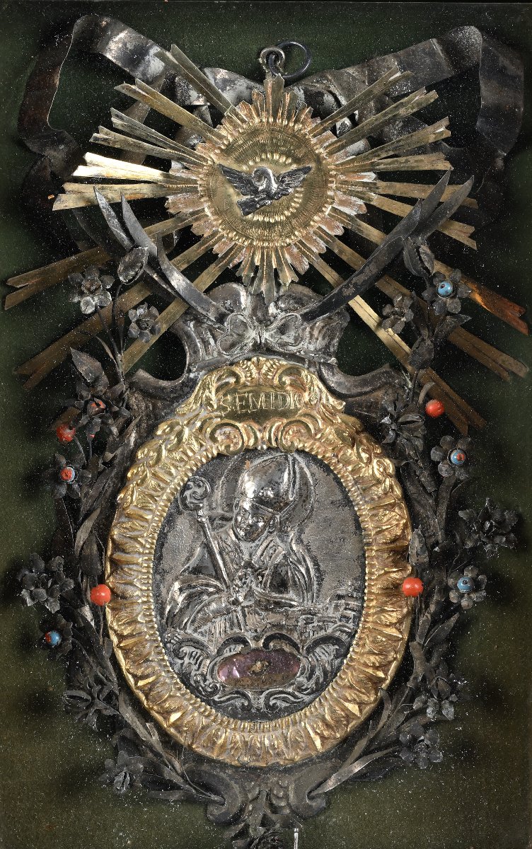 Placca devozionale antica in argento sbalzato e metallo dorato, XVIII secolo-photo-2