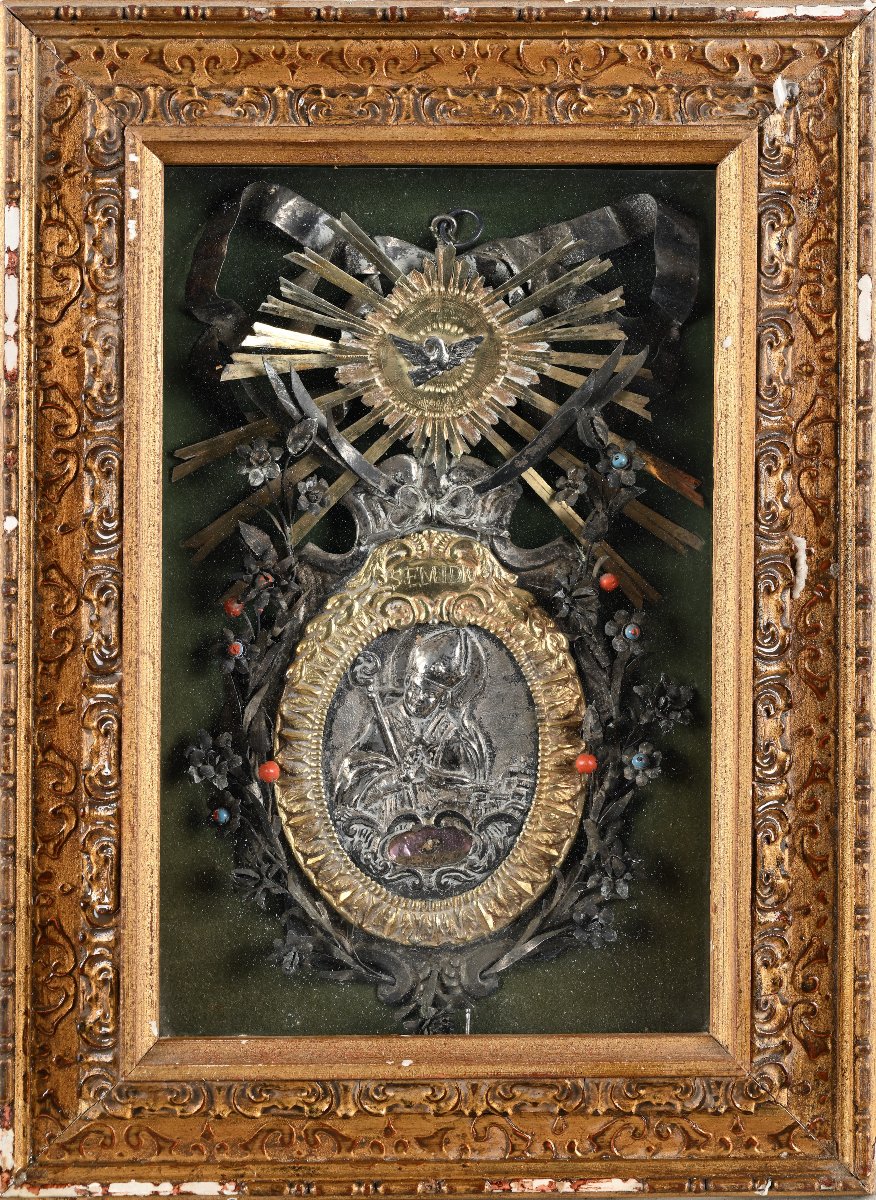 Placca devozionale antica in argento sbalzato e metallo dorato, XVIII secolo