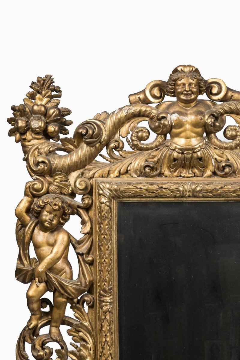 Grande specchiera italiana del XVIII secolo con putti, corni dell’abbondanza e doratura-photo-2