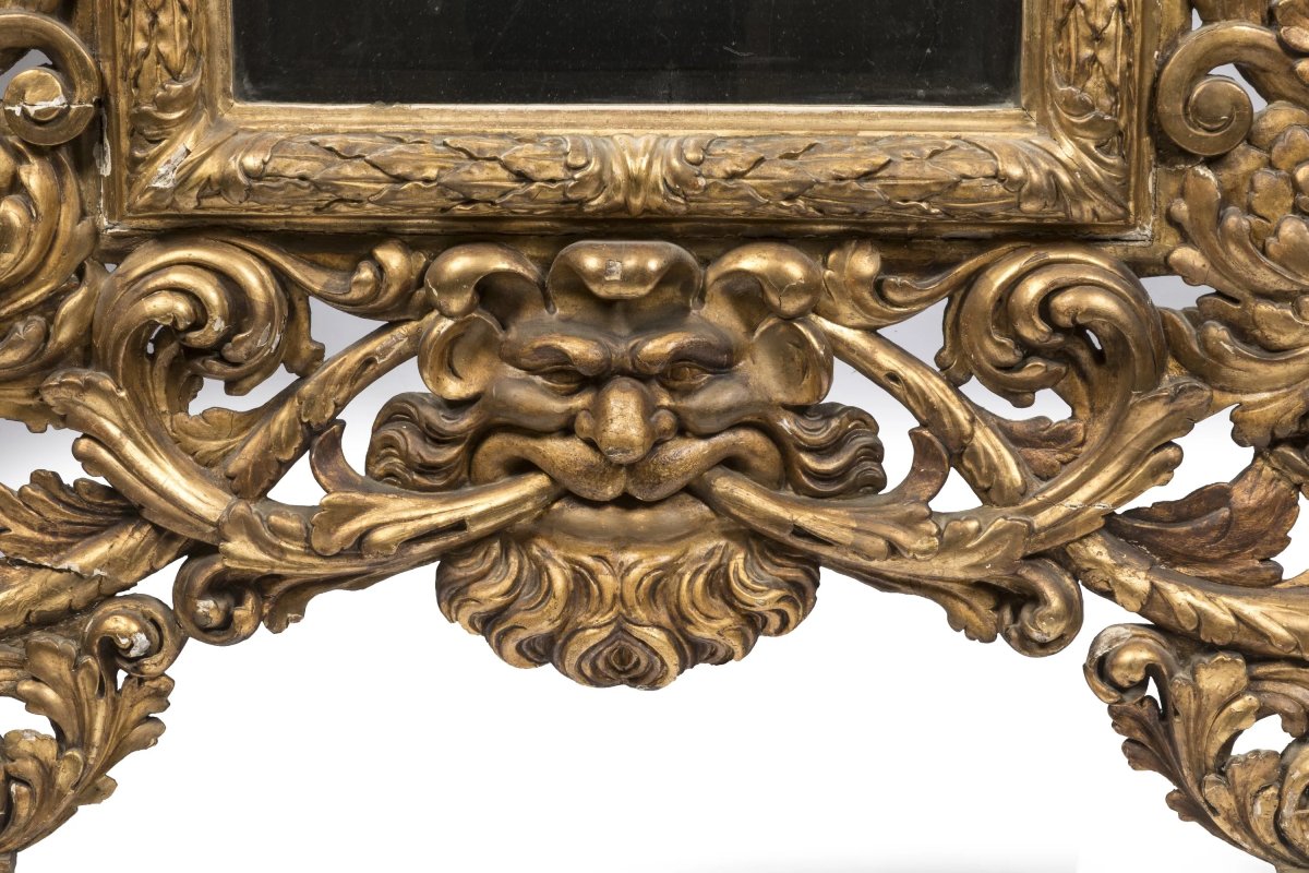Grande specchiera italiana del XVIII secolo con putti, corni dell’abbondanza e doratura-photo-1