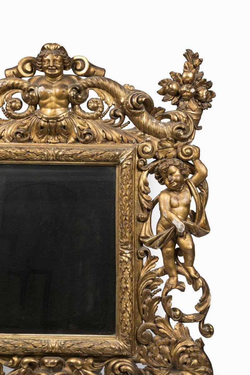 Grande specchiera italiana del XVIII secolo con putti, corni dell’abbondanza e doratura-photo-2