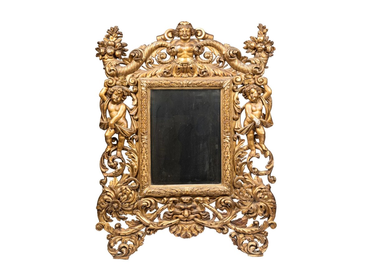 Grande specchiera italiana del XVIII secolo con putti, corni dell’abbondanza e doratura