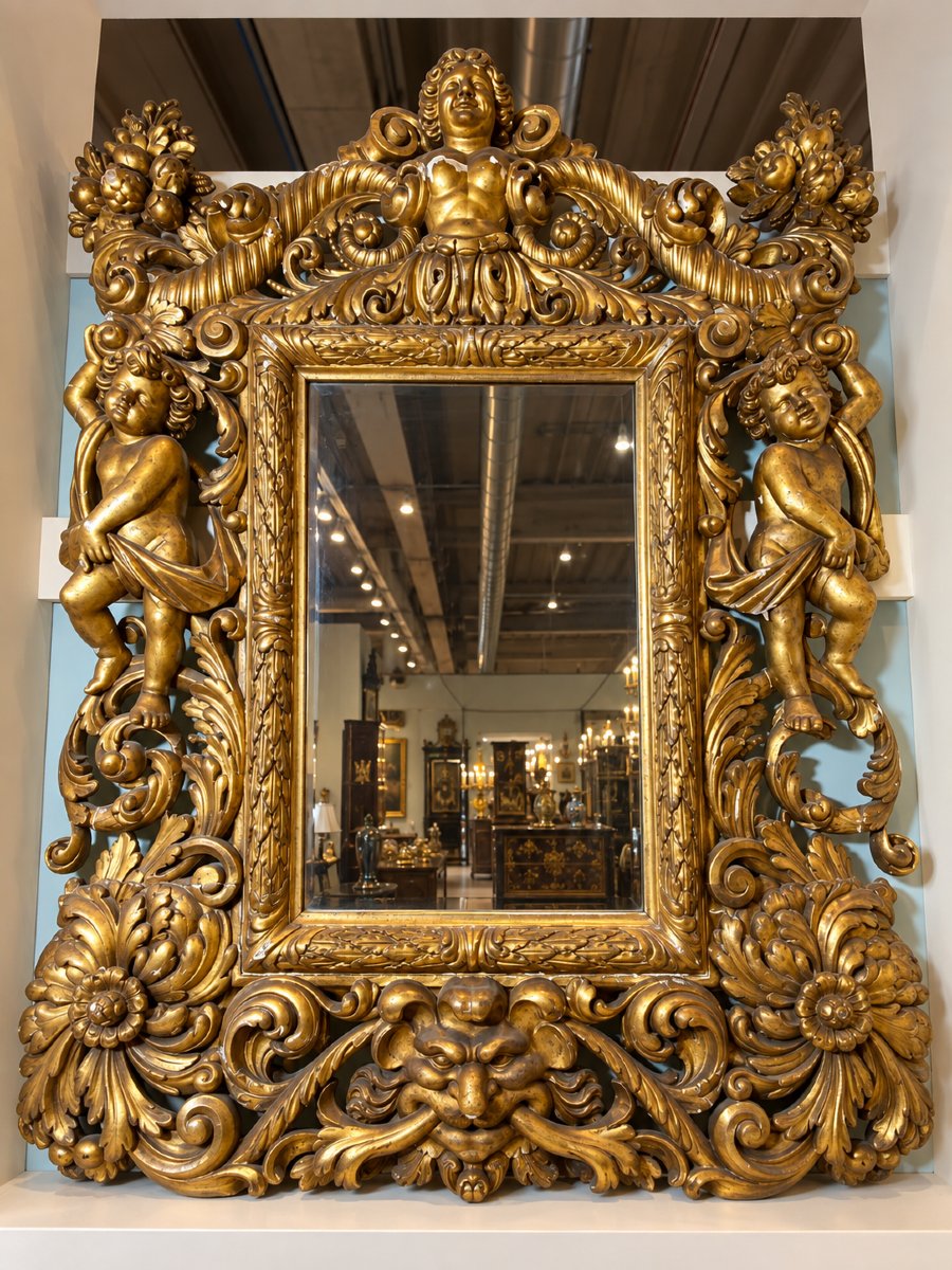 Grande specchiera italiana del XVIII secolo con putti, corni dell’abbondanza e doratura