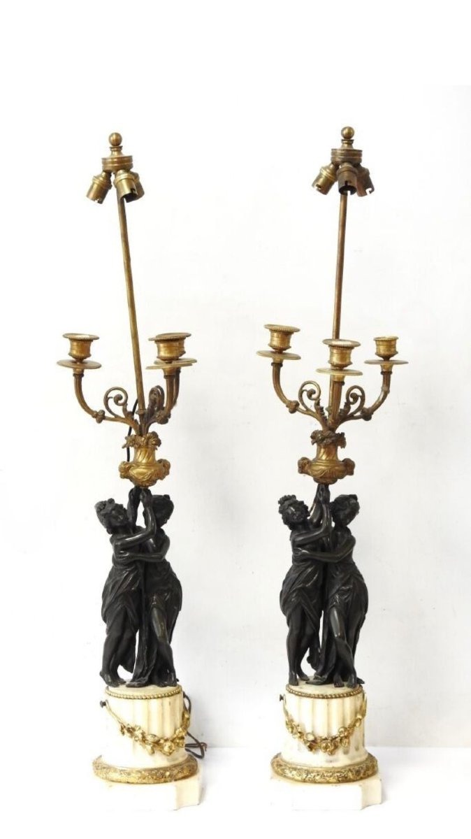Coppia di lampade in stile Luigi XVI in bronzo dorato e marmo bianco – XIX secolo-photo-3