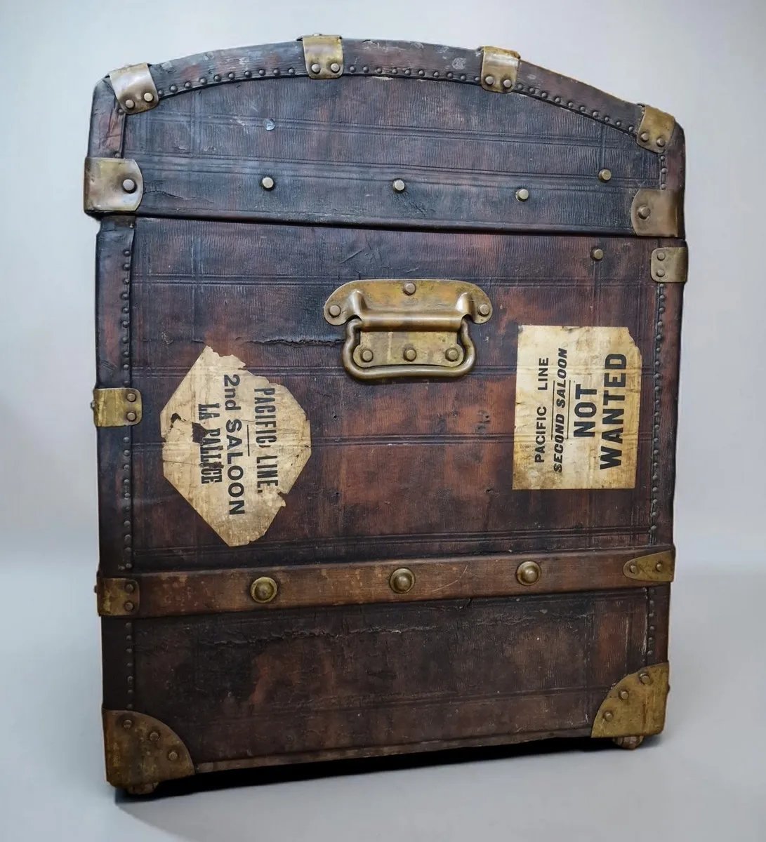 Baule da viaggio in legno e cuoio con etichette Pacific Line, circa 1900-photo-2