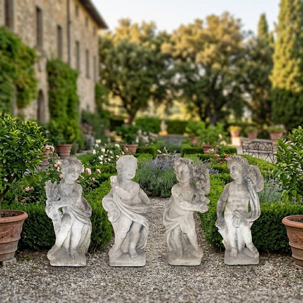 Gruppo di quattro putti in pietra calcarea raffiguranti le Quattro Stagioni, fine XIX secolo-photo-2