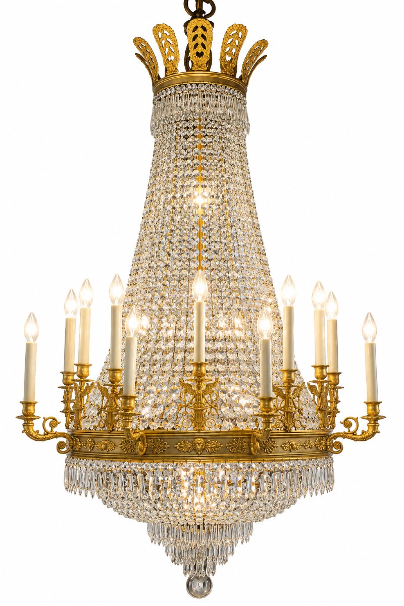 Importante lampadario a mongolfiera in cristallo e bronzo dorato – Stile Impero-photo-2
