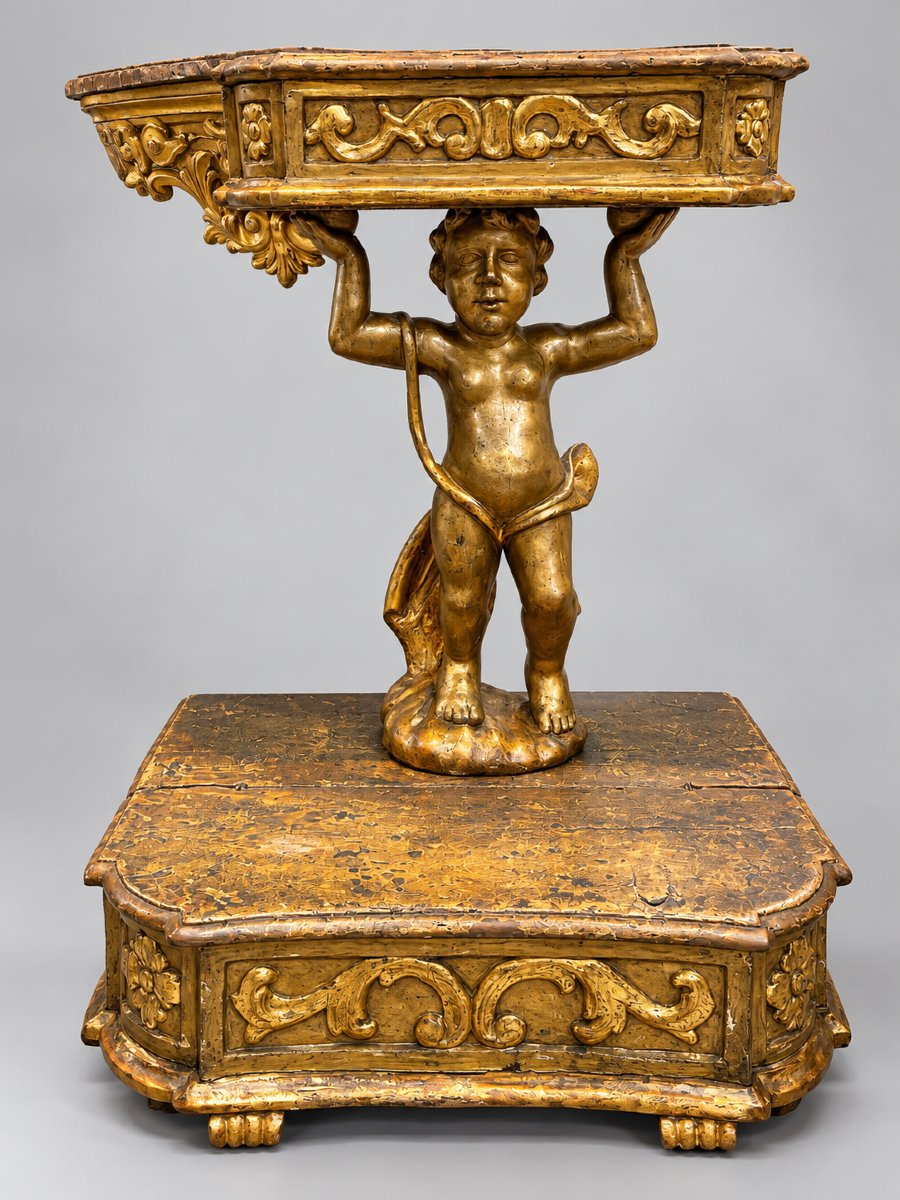 Importante inginocchiatoio in legno intagliato e dorato con putto – H 82 cm