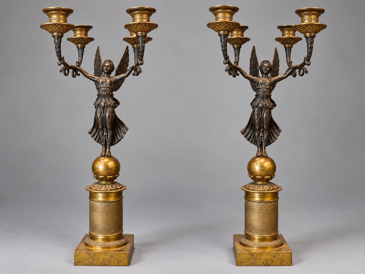 Coppia di grandi candelabri in bronzo dorato e patinato con Vittorie alate – Stile Impero