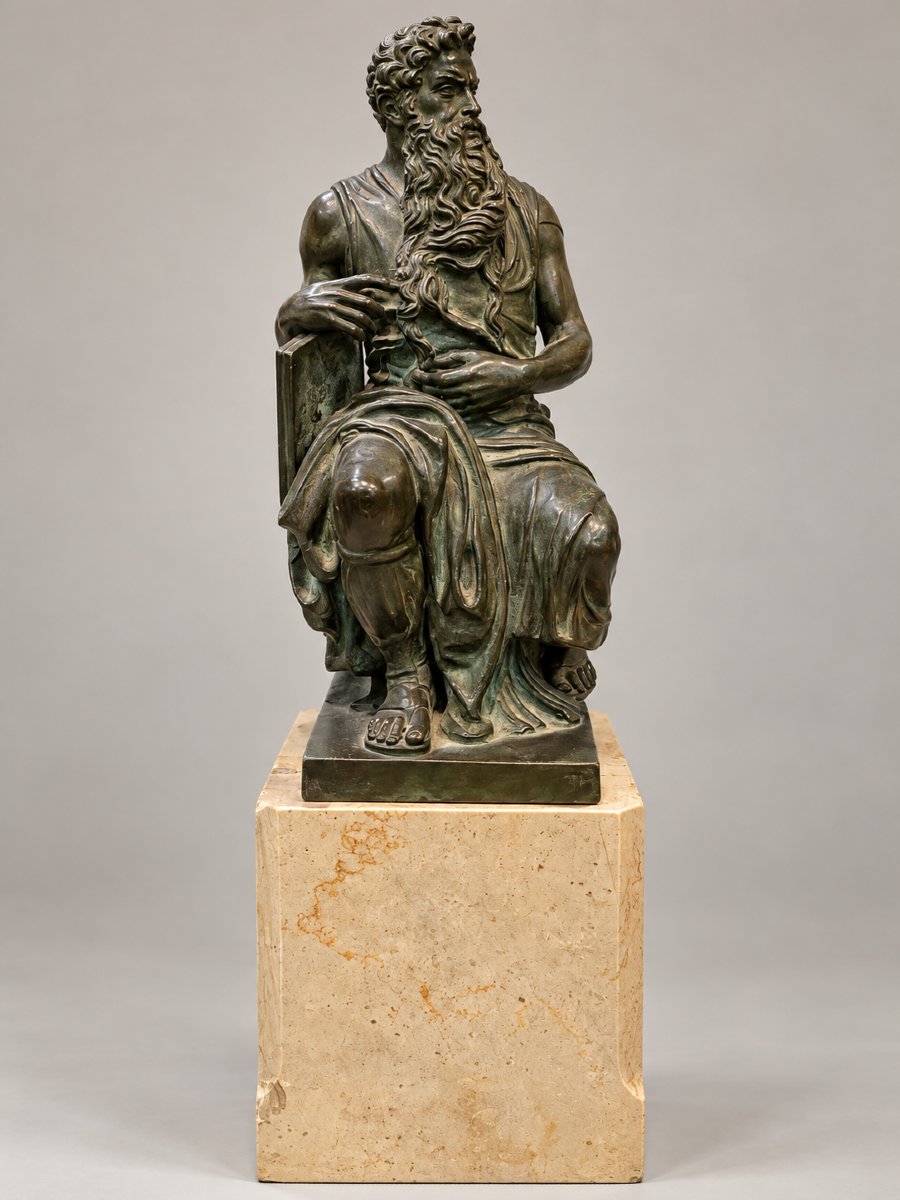 Importante scultura in bronzo raffigurante figura maschile barbuta seduta