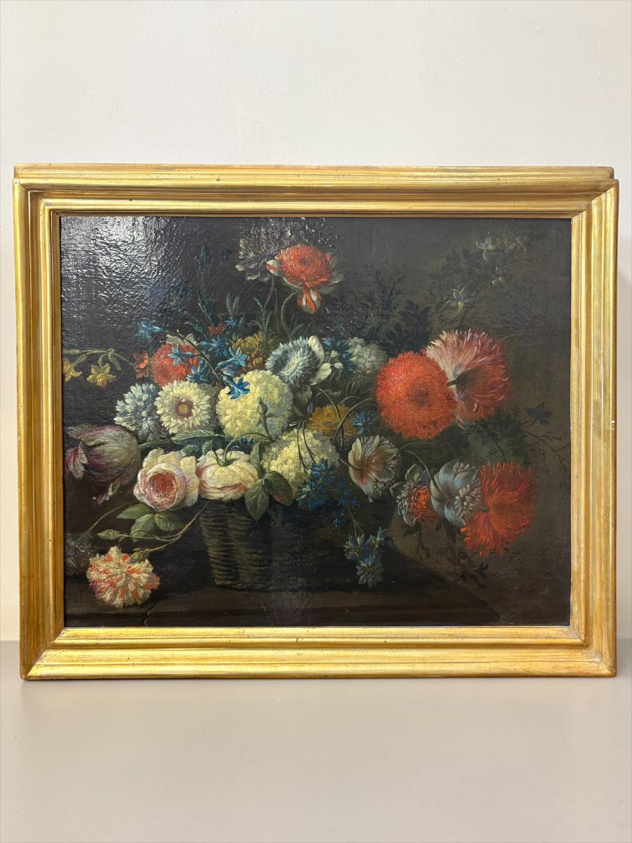 Natura morta floreale con cesto di fiori 