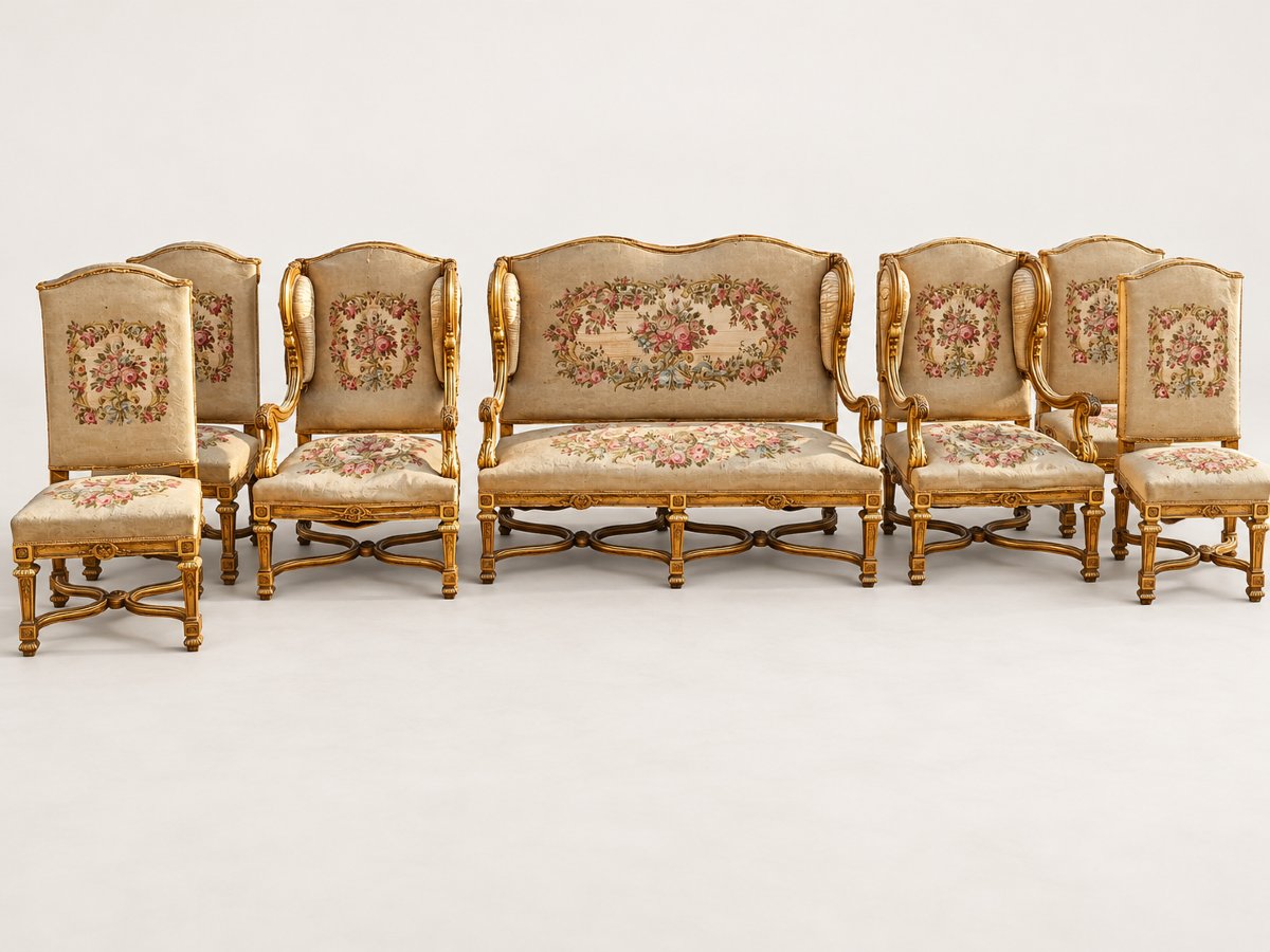 Elegante salotto d’epoca Napoleone III, composto da divano, poltrone e sedie