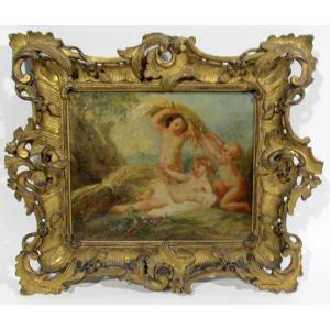 Amélie CHAMPIN Tre putti mietitori Olio su tela, cornice in legno traforato,dorato, con foglie 