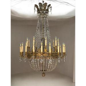 Importante lampadario Impero d’epoca in bronzo dorato e cristallo