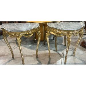 Coppia di consolline Luigi XV – Napoli, lacca e oro con piani in marmo Bardiglio