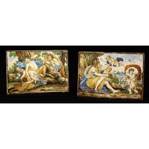 Coppia di Piastrelle in Maiolica Policroma – Castelli, XVII Secolo