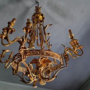 Importante lampadario a gabbia in bronzo dorato a 12 luci – fine XIX secolo