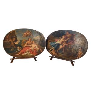 Coppia di dipinti ovali ad olio su tela, soggetti mitologici — XVIII secolo