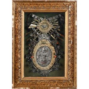 Placca devozionale antica in argento sbalzato e metallo dorato, XVIII secolo
