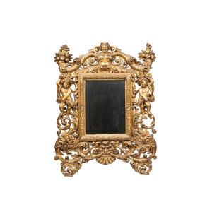 Grande specchiera italiana del XVIII secolo con putti, corni dell’abbondanza e doratura