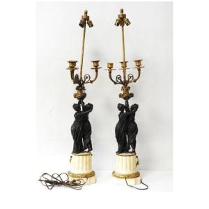 Coppia di lampade in stile Luigi XVI in bronzo dorato e marmo bianco – XIX secolo