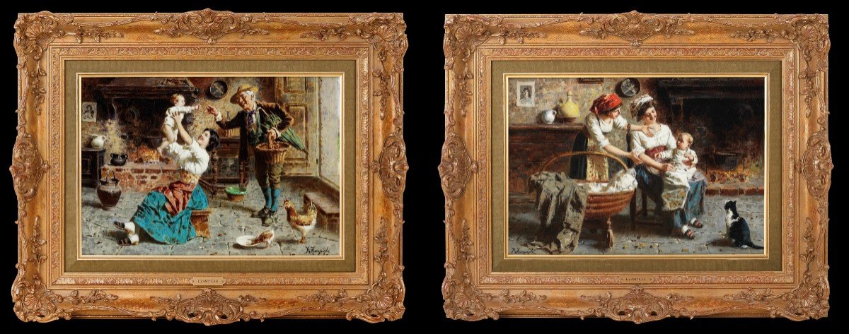Coppia di dipinti olio su tela. E. Zampighi ( Modena, 1859 - 1944 )-photo-2