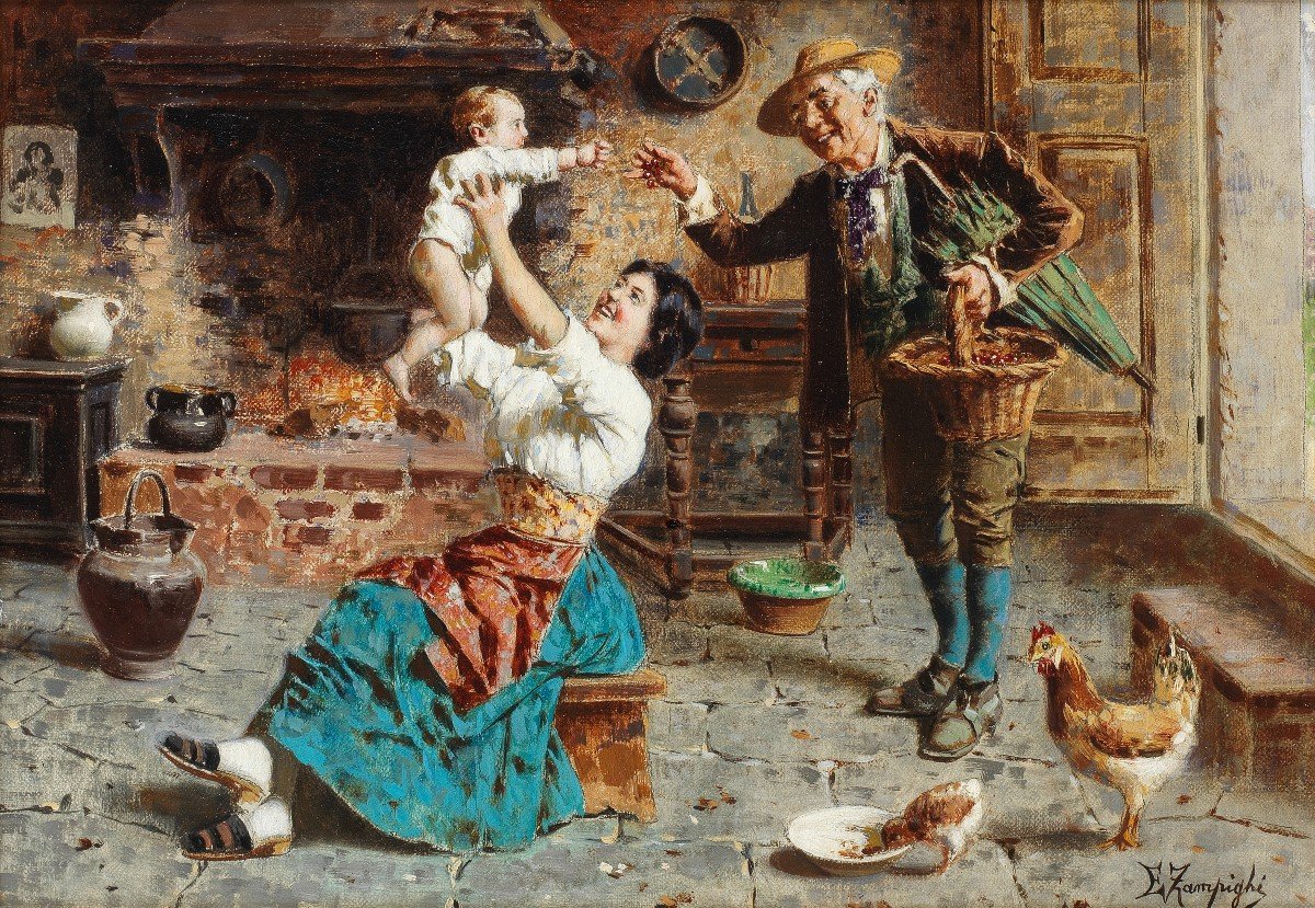 Coppia di dipinti olio su tela. E. Zampighi ( Modena, 1859 - 1944 )-photo-5