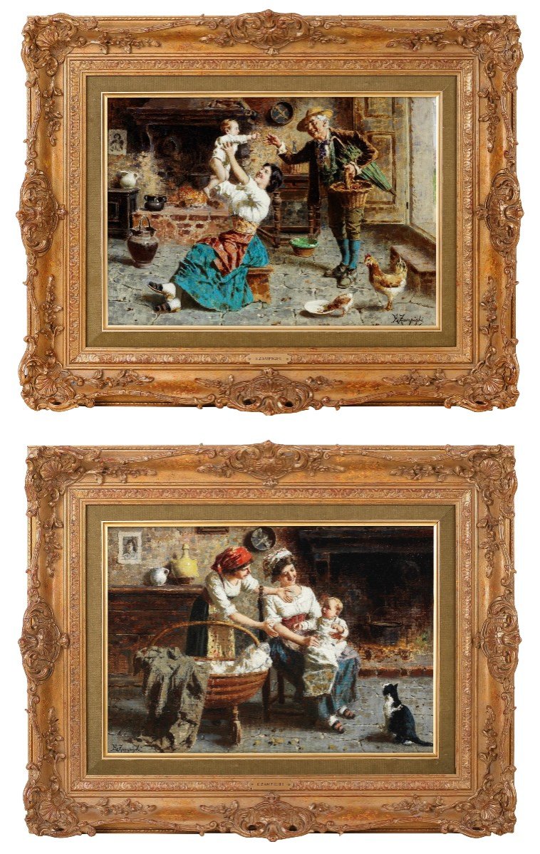 Coppia di dipinti olio su tela. E. Zampighi ( Modena, 1859 - 1944 )