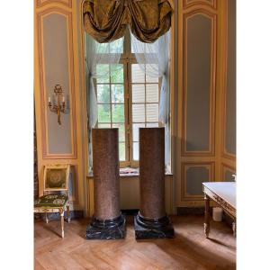 Pair Of Columns In Stucco Painted In Imitation Of Pink Granite - XXth