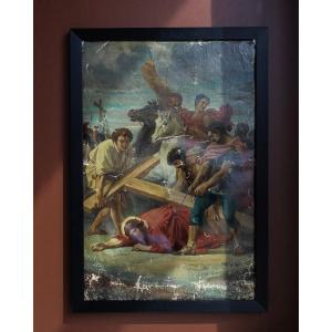 Jesus Falls Under The Weight Of The Cross, Oil On Canvas, 18th Century