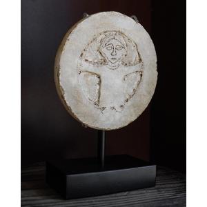 Crude Early Medieval Marble Roundel Depicting Orant Figure On Stand