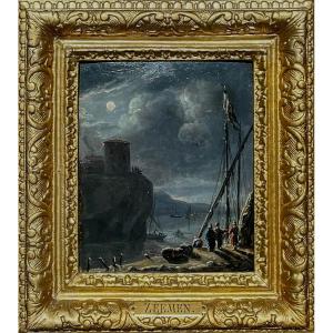 Marine Au Clair De Lune - 17th Century Dutch School Attributed To Reinier Nooms Dit Zeeman 17 X 14 Cm