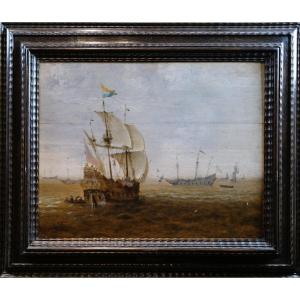 Dutch Ships (33.3 X 42.5 Cm) Oil On Panel By Willem Van Diest (1600-1678)