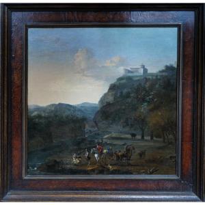 17th Century Dutch School Riders In A Mountain Landscape (49 X 50 Cm)