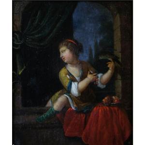 18th Century Dutch School - Young Girl With Cherries - 30 X 25 Cm