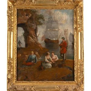 18th Century French School - Fishing Return (82 X 69 Cm) - 18th Century Gilded Wood Frame