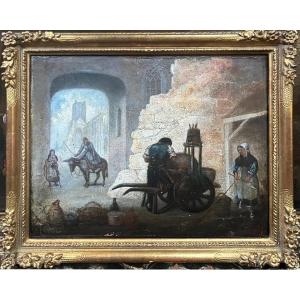 19th-century Northern School - The Traveling Blacksmith Under The City Gate (33 X 41 Cm)