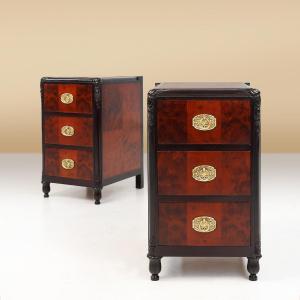 Pair Of Art Deco Nightstands In Burl Veneer, Oak And Copper, France Ca. 1910