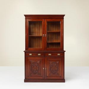 Art Nouveau Oak Display Cabinet Or Bookcase With Sculptures And Glass Doors