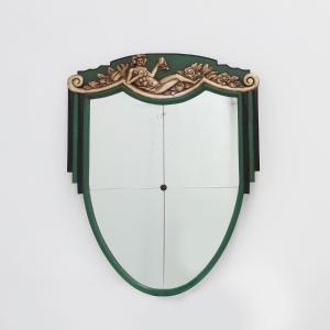 French Art Deco Mirror In Green Carved Wood, 1930s