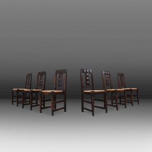 Vintage Oak And Wicker Dining Chairs By Victor Coutray, Set Of 6