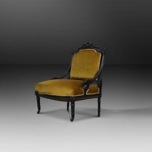      French Empire Style Black Wood And Velvet Armchair, 1850s