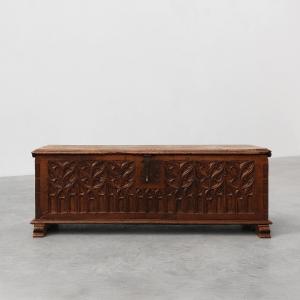 Rare Large Gothic Chest In Carved Solid Oak From The 16th Century, France
