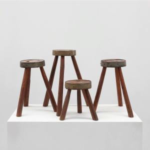 1850s French Brutalist Tripod Stools In Solid Oak With Metal Rim