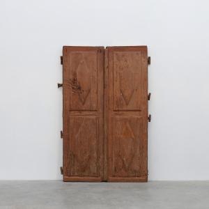 Large 17th Century Monastery Doors In Terracotta Lacquered Oak, Portugal