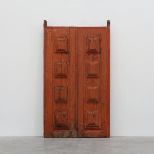 Large 17th Century Monastery Doors In Terracotta Lacquered Oak, Portugal