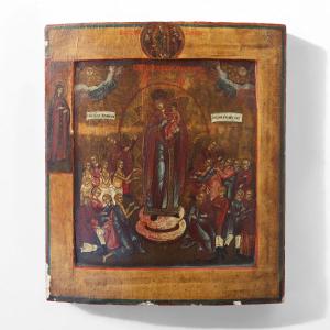 Traditional 19th Century Oak Religious Icon, Mother Of God, Joy Of All Who Sorrow