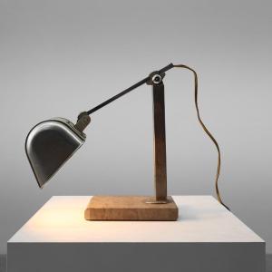 Art Deco Industrial Metal And Travertine Desk Lamp, Belgium 1930s